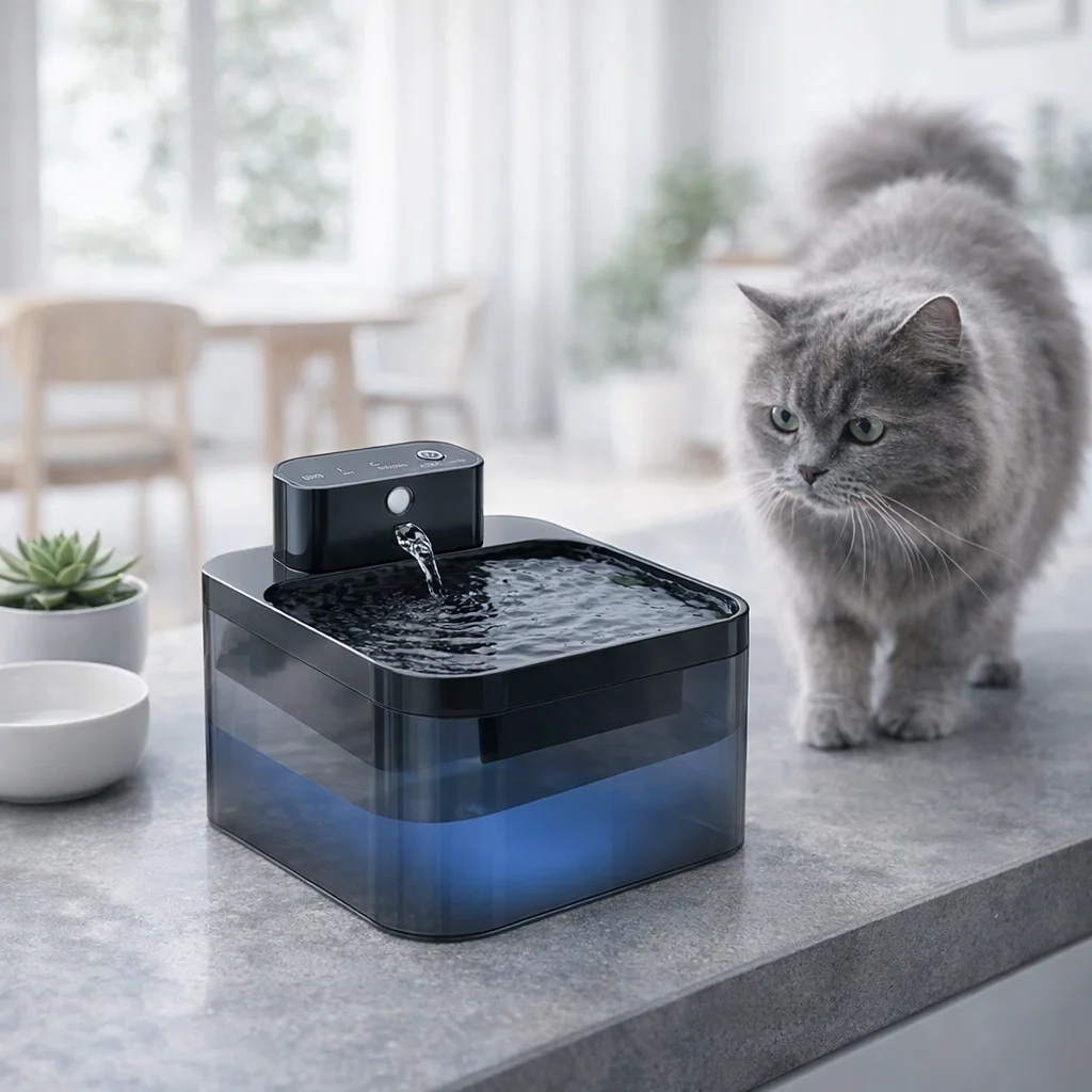 Wireless automatic cat water fountain on a modern kitchen counter with a curious cat approaching