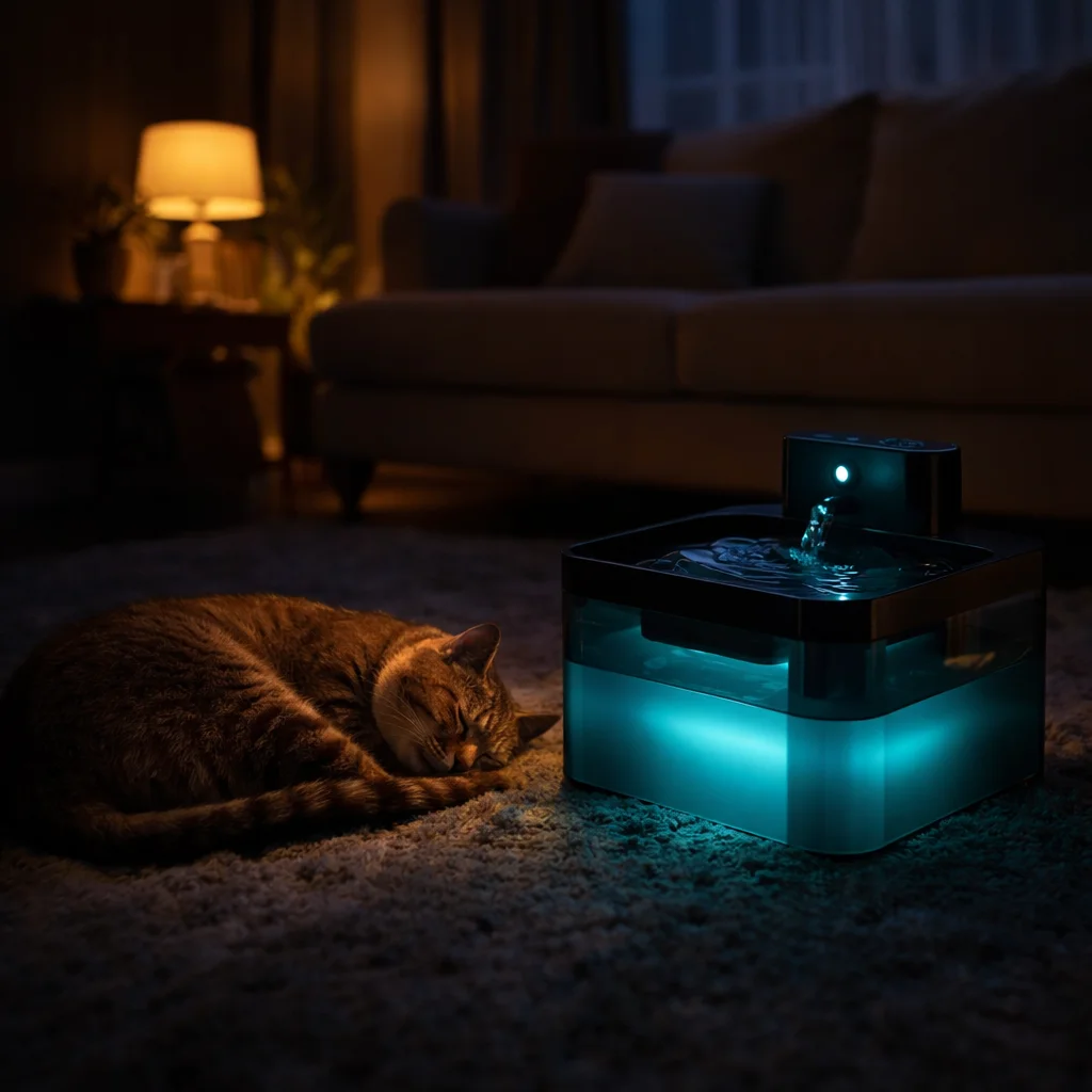 Aqurr wireless cat water fountain glowing softly in a cozy living room while a cat rests nearby