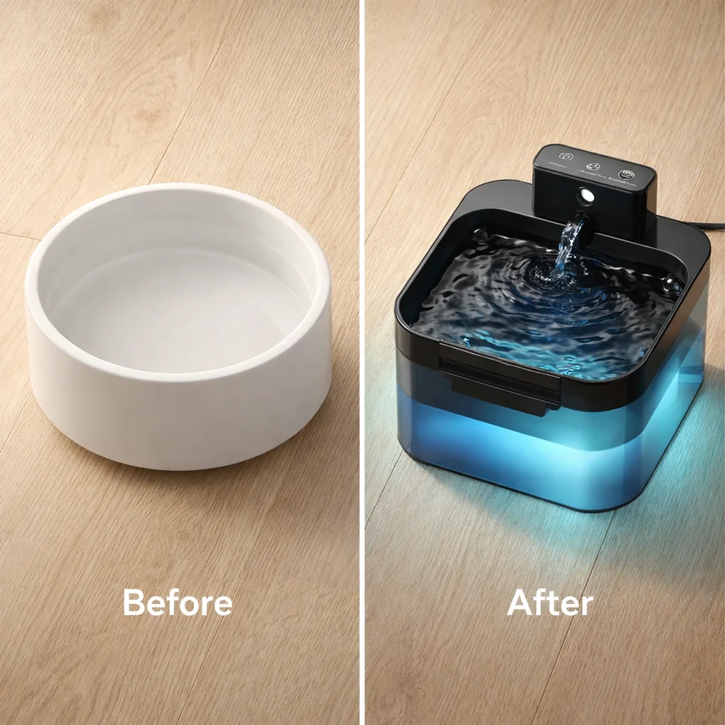 Comparison between a wireless automatic cat water fountain and a regular cat water bowl