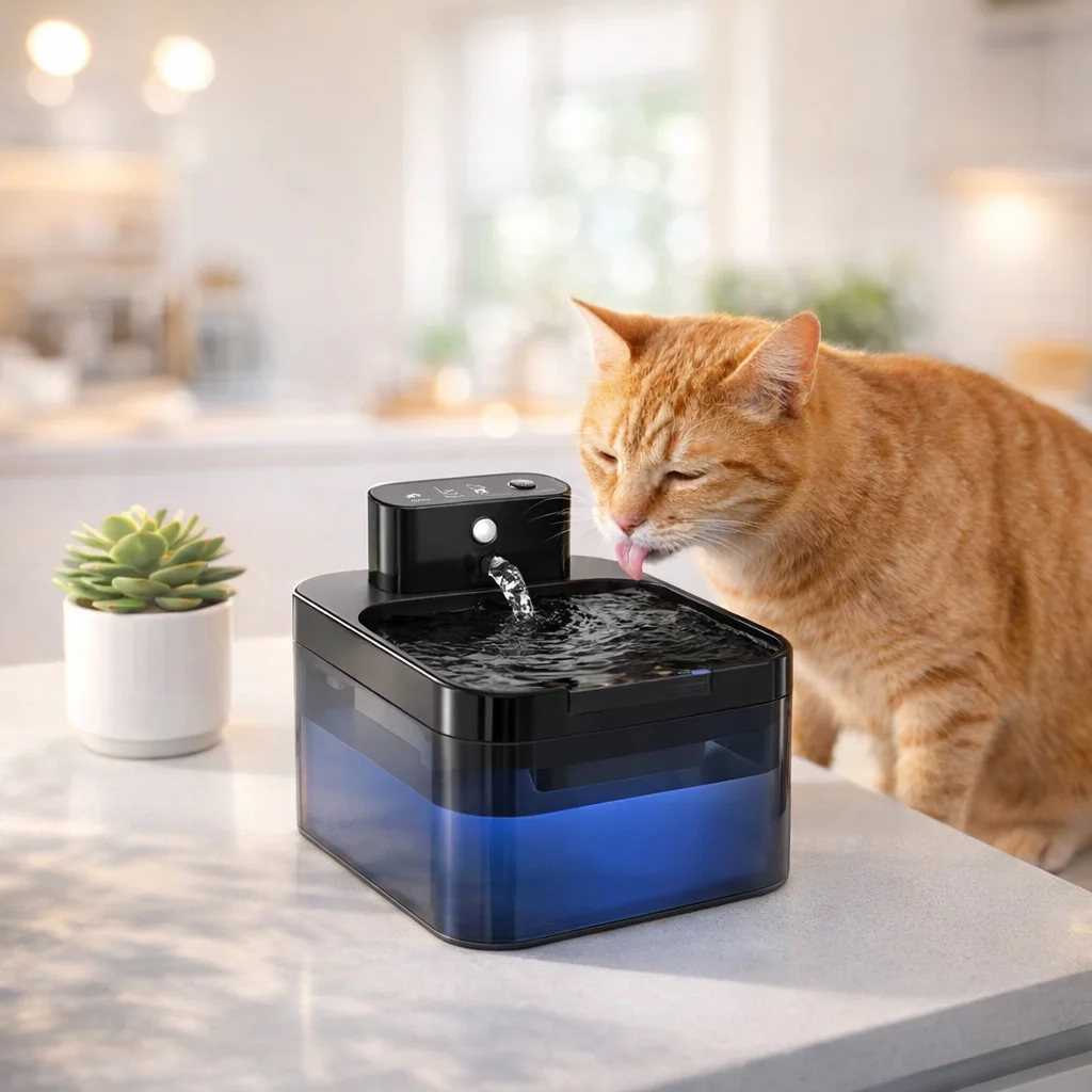 Cat drinking from the Aqurr wireless automatic cat water fountain - keep your cat hydrated automatically