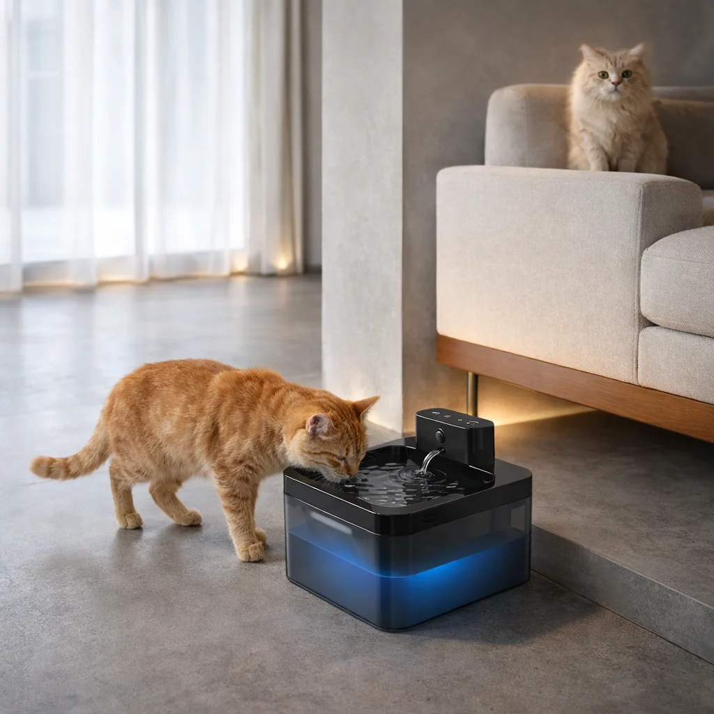 Wireless automatic cat water fountain in a modern apartment with two cats - best wireless cat water fountain for home use