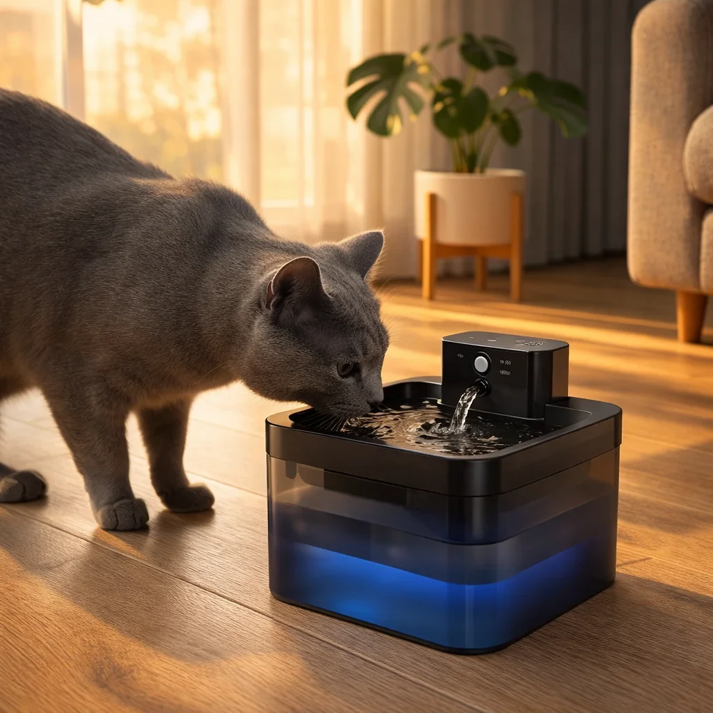 Motion sensor cat water fountain providing fresh filtered water for a curious cat